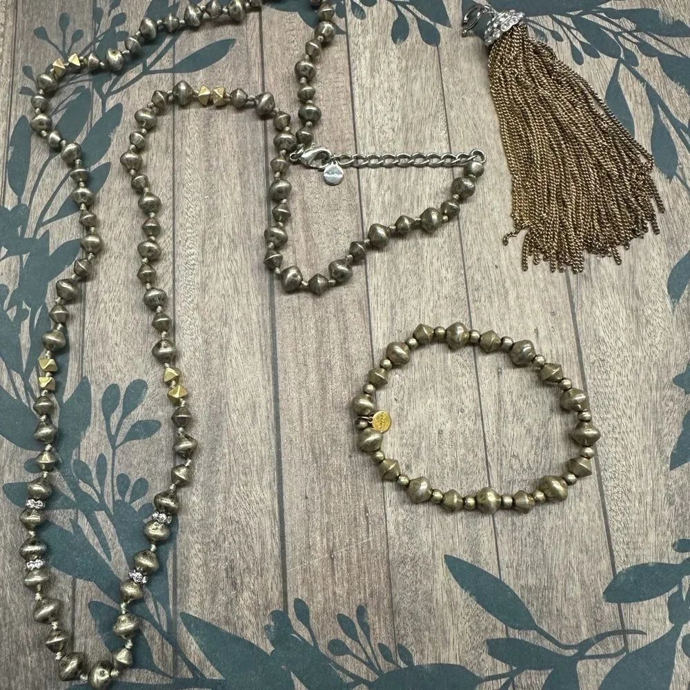 Stella & Dot Long Gold Beaded‎ Tassel Necklace Bracelet Set 32 In B8